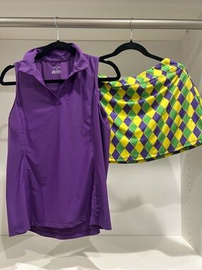 Purple Sleeveless Polo & Harlequin Print Skirt Set